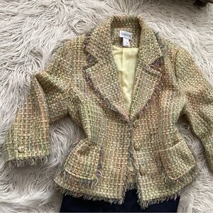 Chadwicks Tweed Jacket/ Blazer in pastel colors. Fringe trim size 14, Lined.